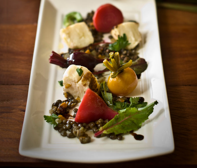 Roasted Beetroot, Haloumi & Braised Lentils